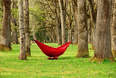 Sleeping in a lightweight hammock at outdoor or park
