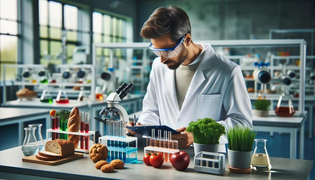A scientist in a modern laboratory, wearing a white lab coat and safety glasses, is carefully examining and testing different types of food.