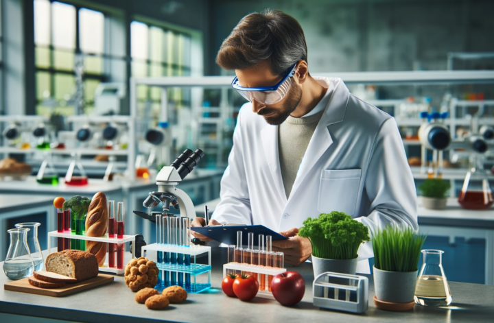 A scientist in a modern laboratory, wearing a white lab coat and safety glasses, is carefully examining and testing different types of food.
