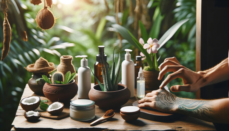 An image depicting tattoo aftercare. The scene includes a person applying natural remedies, like aloe vera and coconut oil, to a fresh tattoo.png