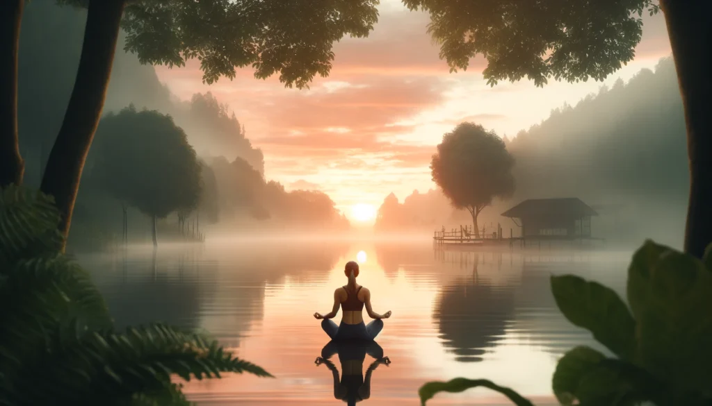 Cover image depicting a person in sportswear meditating by a tranquil lake at sunrise, surrounded by lush greenery, with the sky painted in soft hues of orange and pink reflecting on the water, symbolizing peace and the start of a new journey.