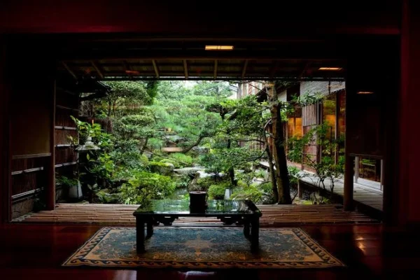 Traditional luxury ryokan with tatami room and Japanese garden