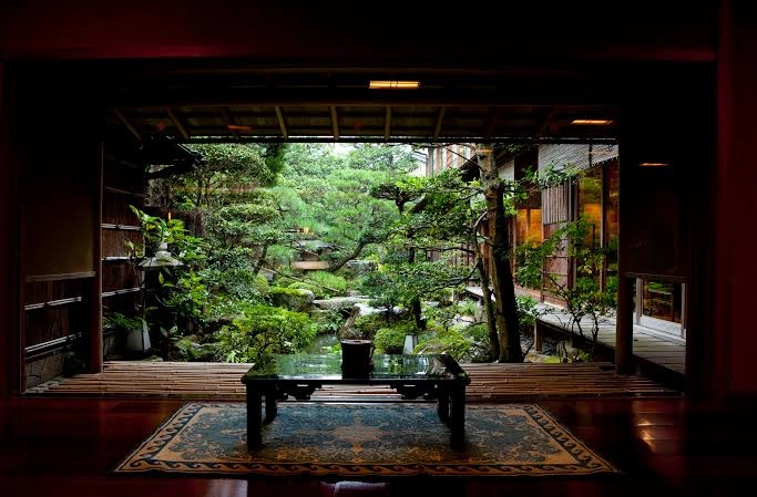Traditional luxury ryokan with tatami room and Japanese garden